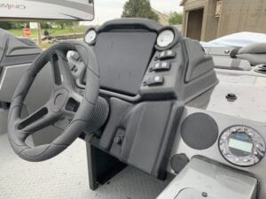 steering wheel and console of a boat